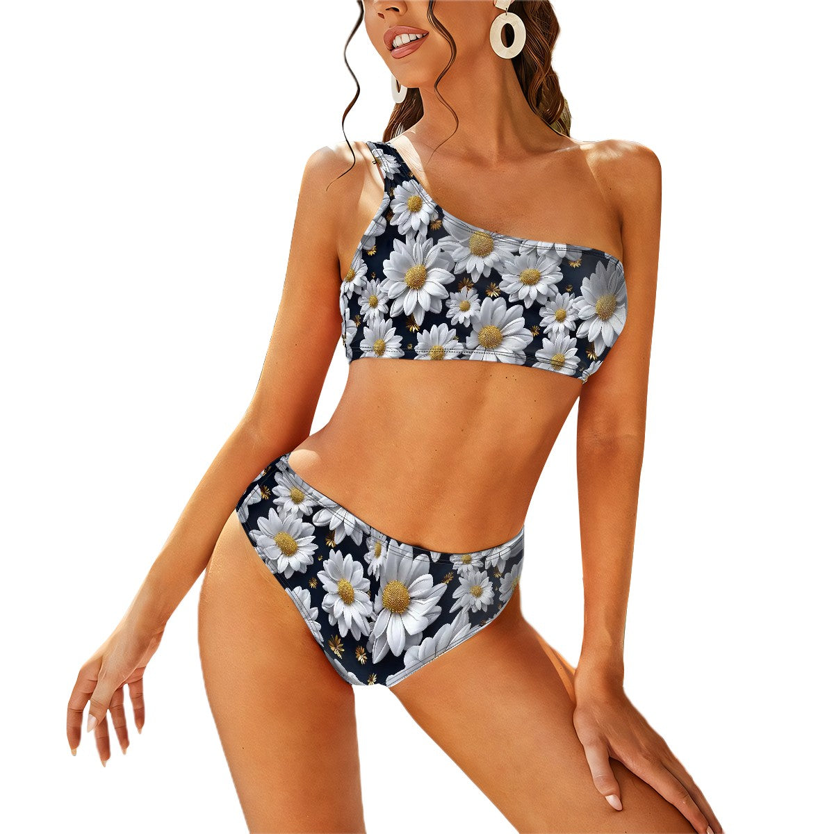 10 Beautiful Flower Designs, Women One Shoulder Bikini High Waist Swimsuit