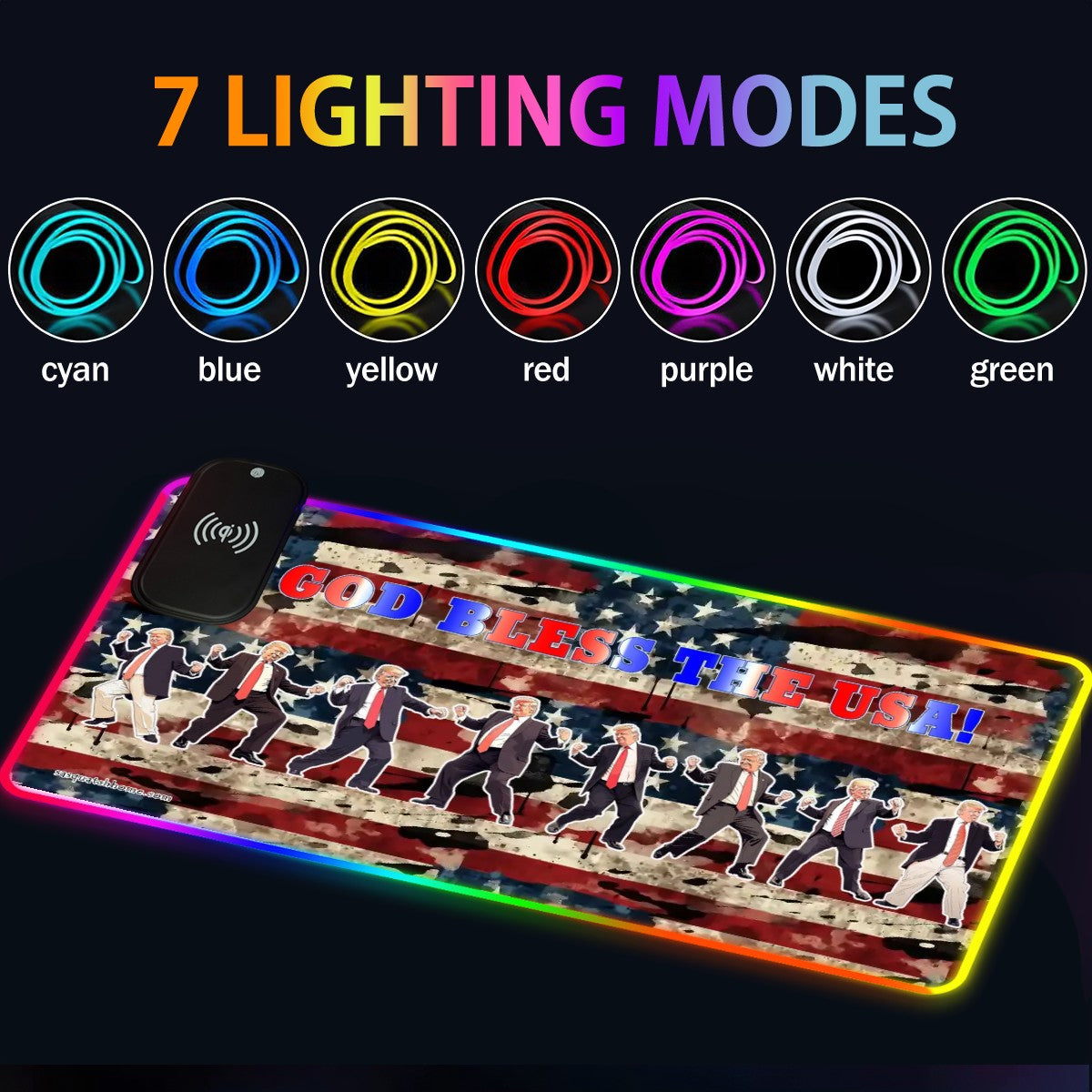 Donald Trump, "God Bless..", Wireless Charging Gaming Mouse Pads / Mat With Lights - 2 Sizes