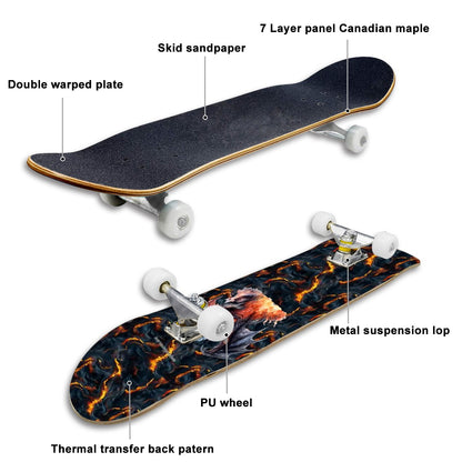 Fire Drago on Lava, High Density 7 Layer Skateboard, Made In USA