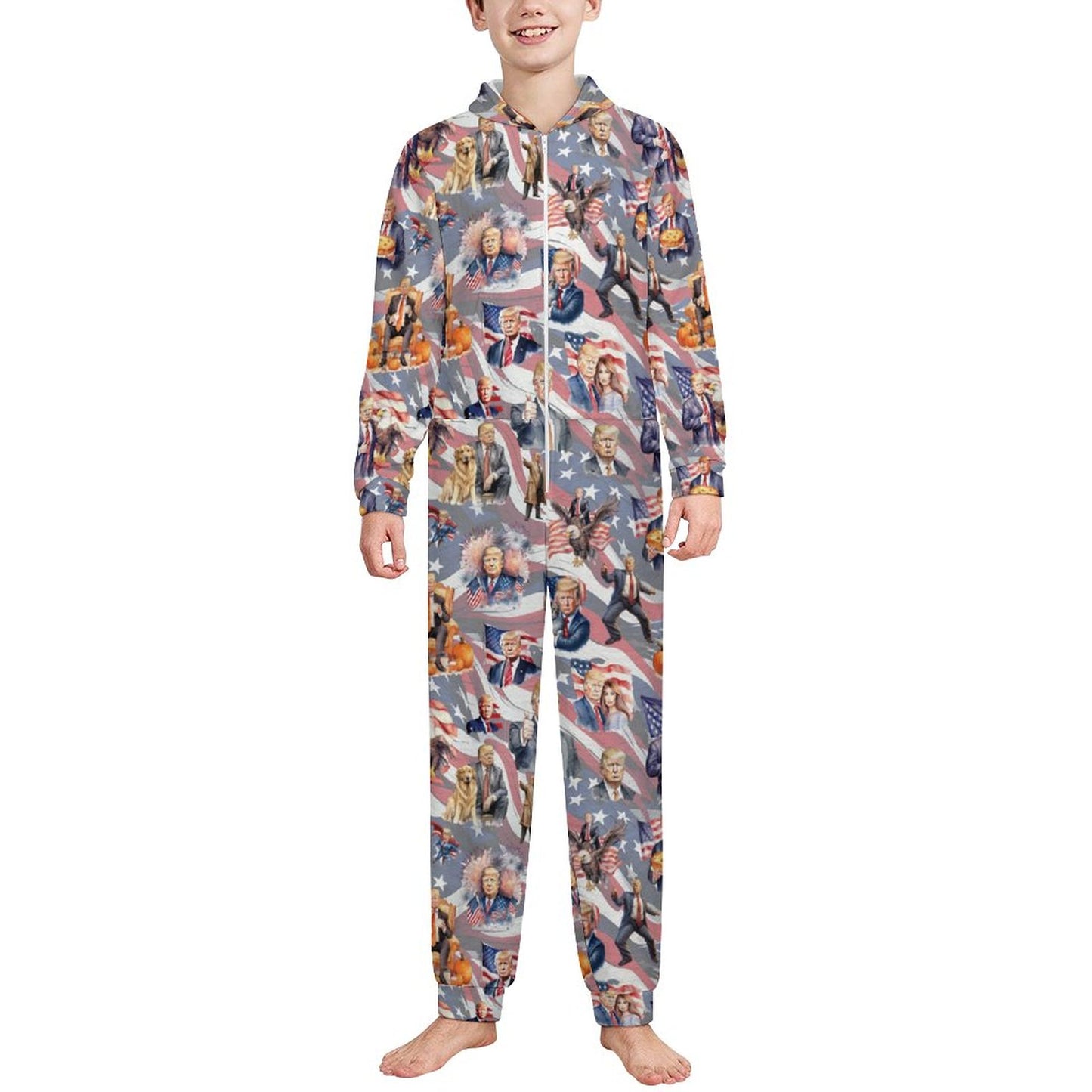 10 Donald Trump Design, Youth Flannel Footless Zip up Pajama Jumpsuit