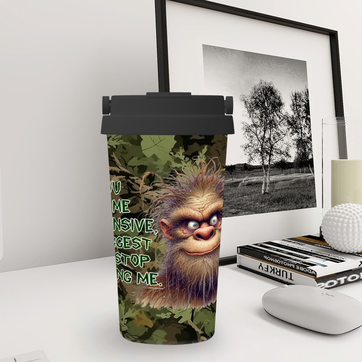 Bigfoot / Sasquatch "If you find me..", 17 oz Insulated Coffee Mug with Lid & Carrying Handle