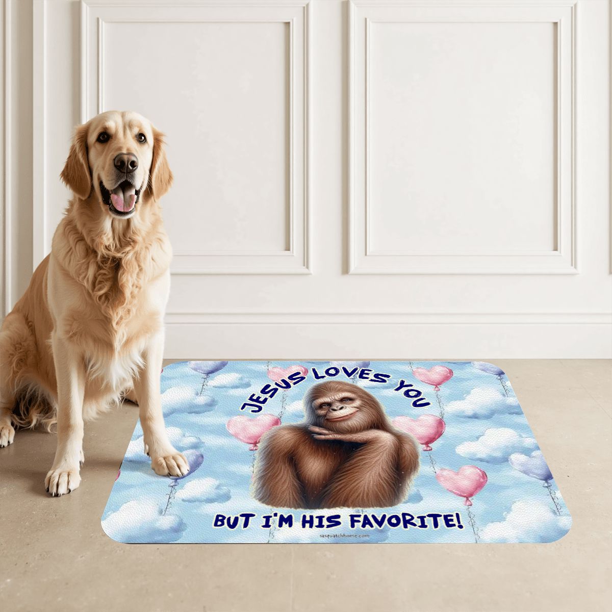 Bigfoot / Sasquatch, "Jesus Loves You...", Waterproof Pet Food Mat