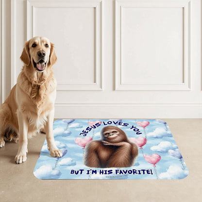 Bigfoot / Sasquatch, "Jesus Loves You...", Waterproof Pet Food Mat