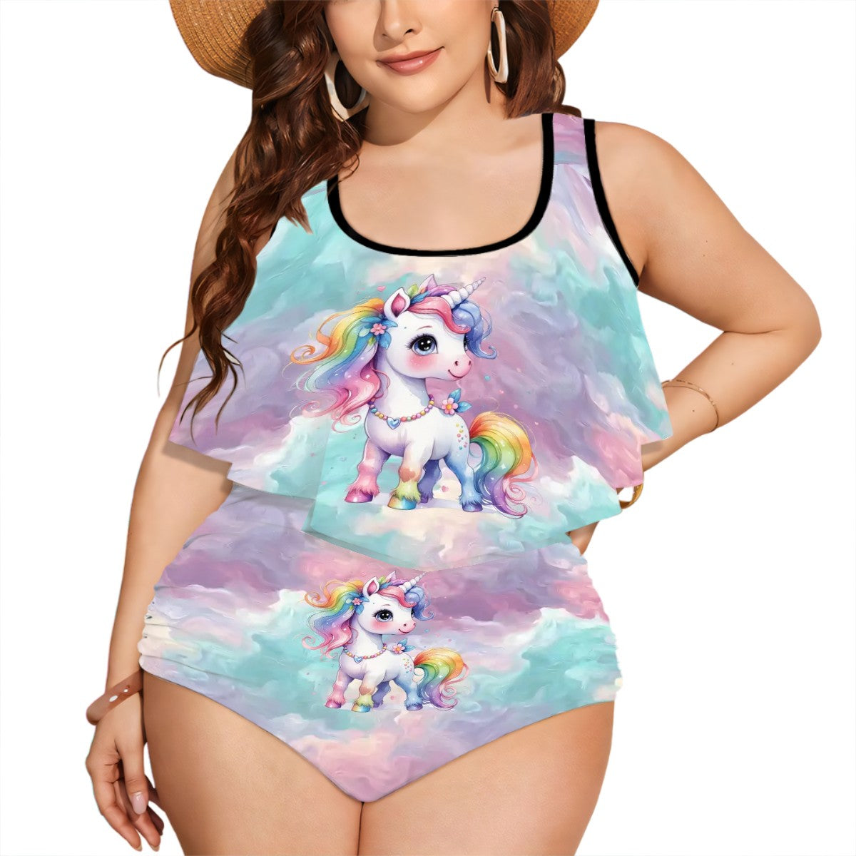 Unicorn, Plus Size Women Bikini Flowy, Ruffle Top Swimsuit