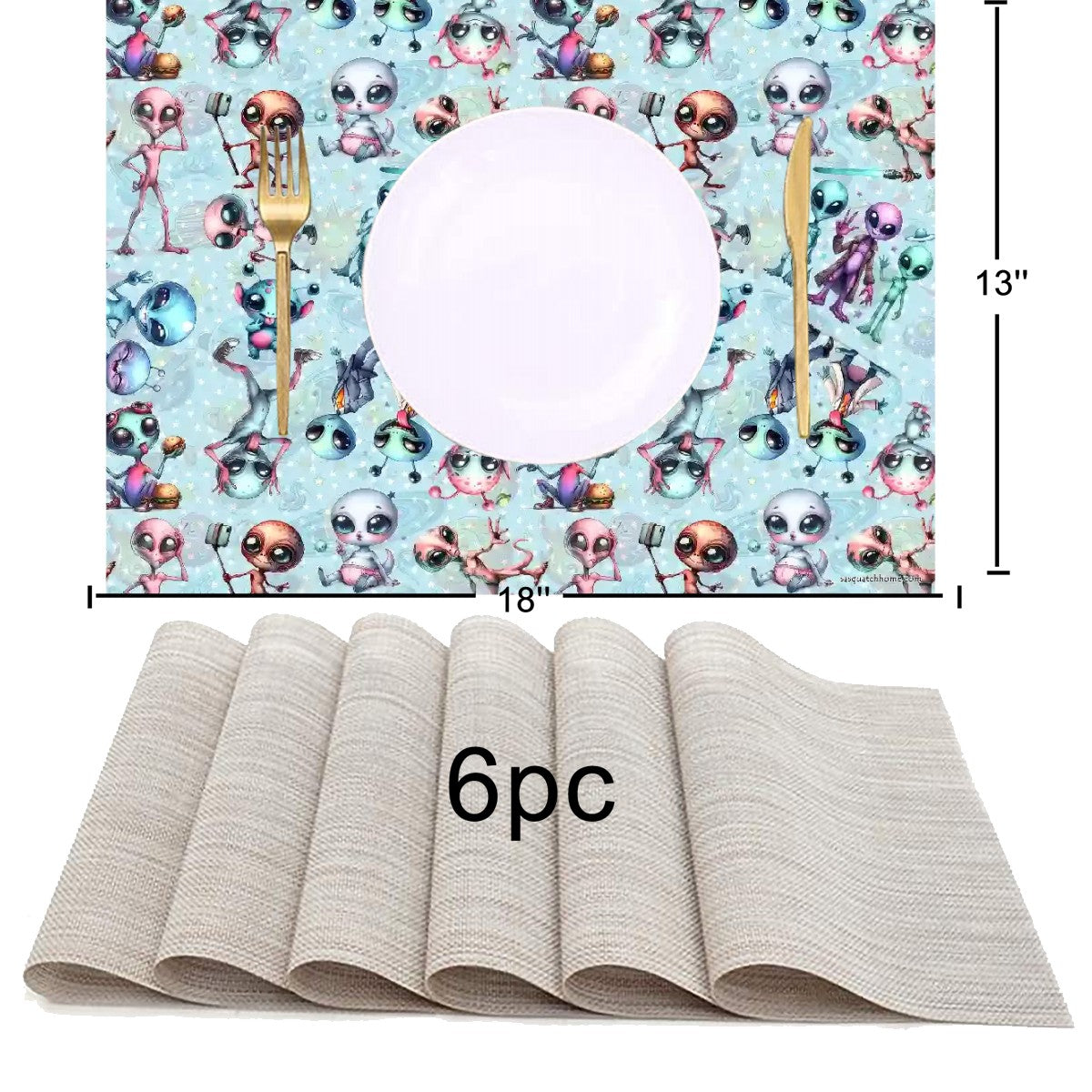 6 Alien Designs, Table Runner Placemat Set 7 Pieces