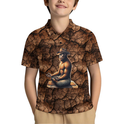 Yoga Cowboy Bigfoot / Sasquatch, Kids Button Down Polo Shirt