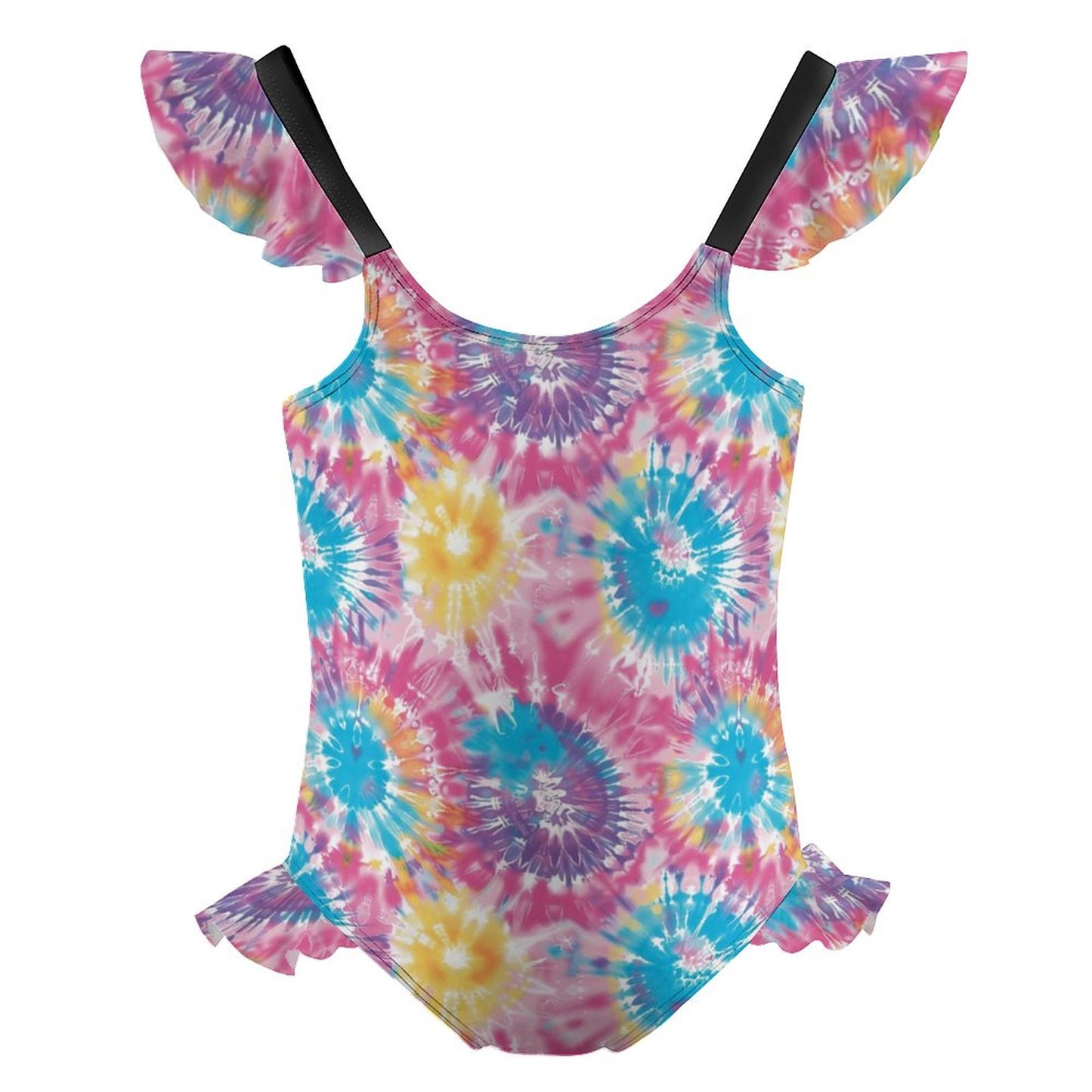 19 Tie Dye Designs, Girls One-Piece Summer Swimsuit, Ruffle Shoulder