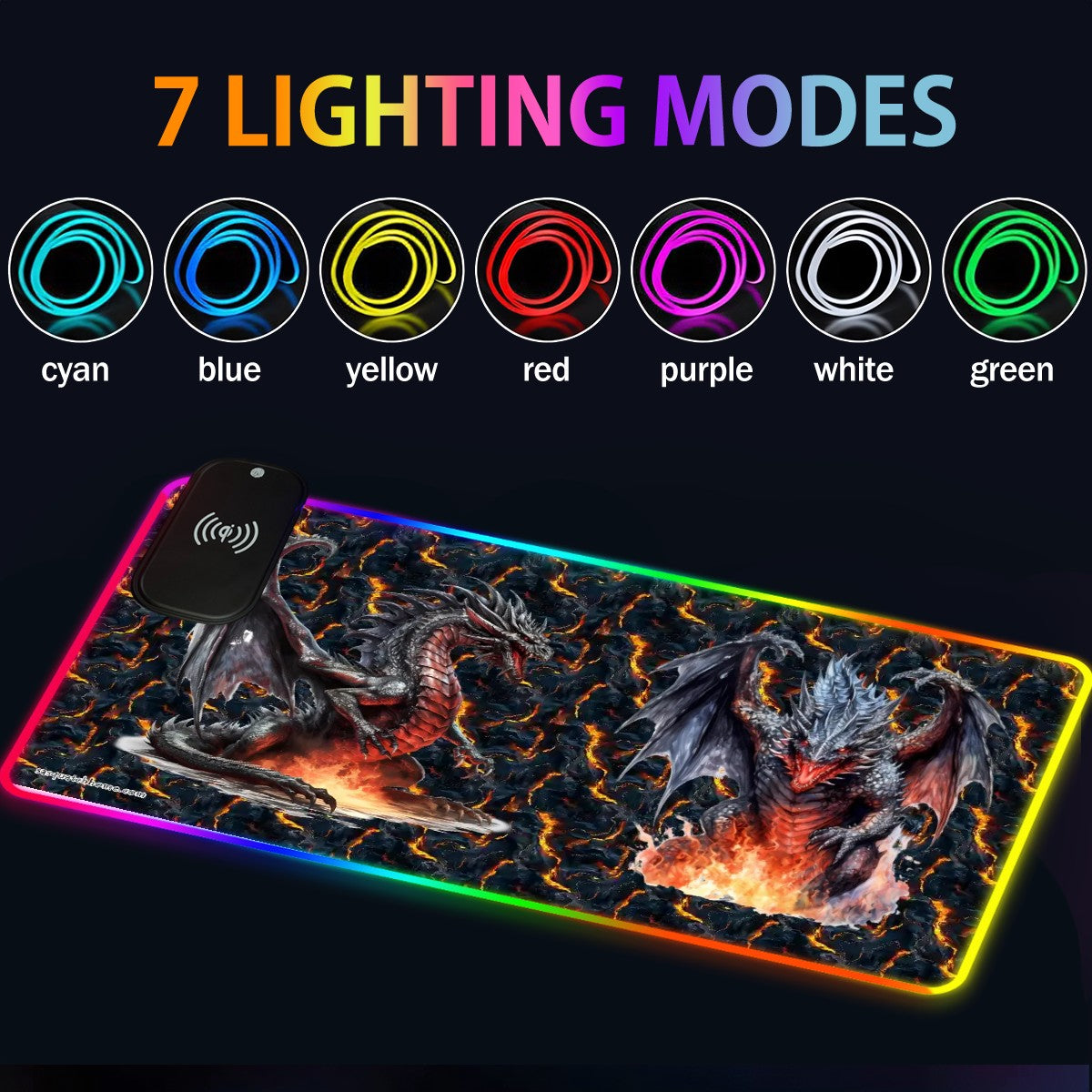Fire Dragons, Wireless Charging Gaming Mouse Pads / Mat With Lights - 2 Sizes