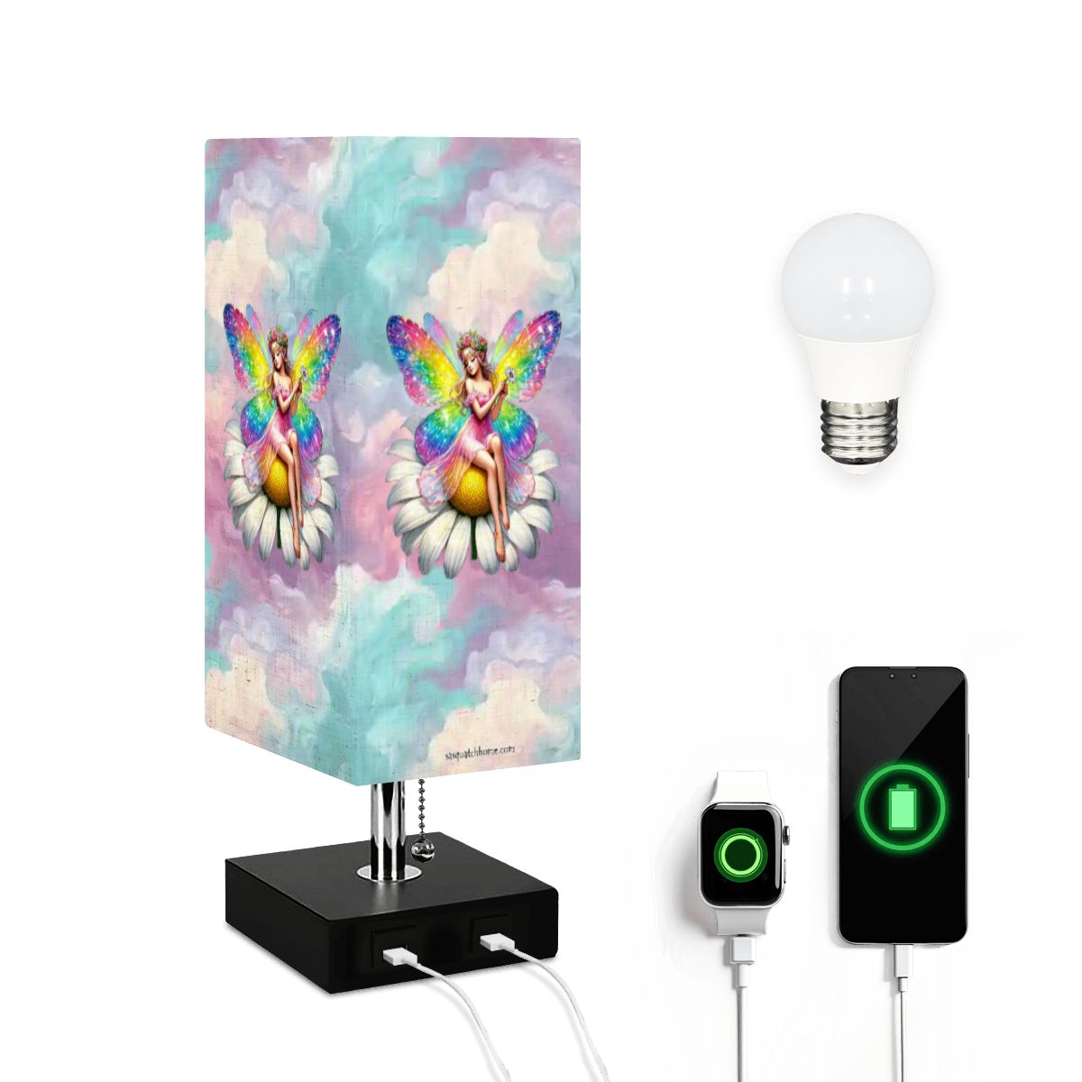 Fairy, Square Table Lamp with USB Ports, Charger