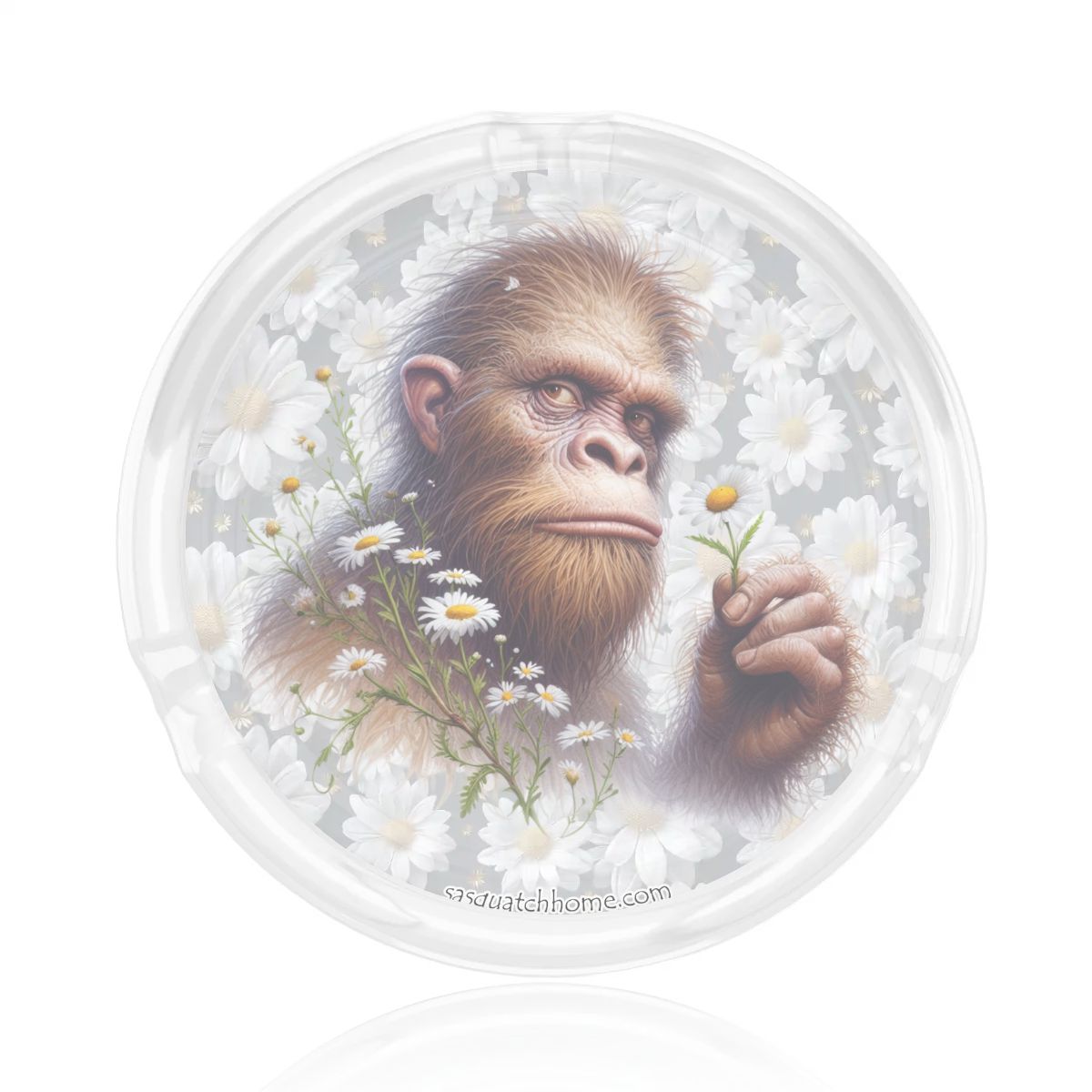 3 .3" Round, Lead Free Glass Ashtray - Sasquatch, Bigfoot, Daisies