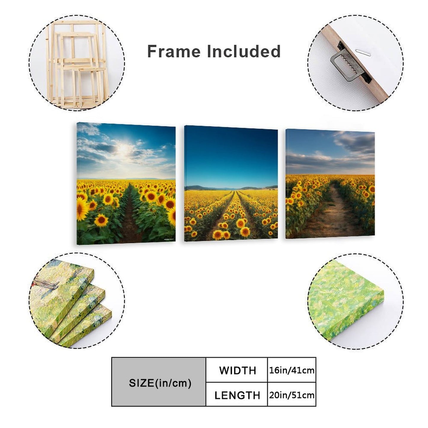 Sunflower Fields Canvas Wall Art -16”x 20” (x3) - Made In USA