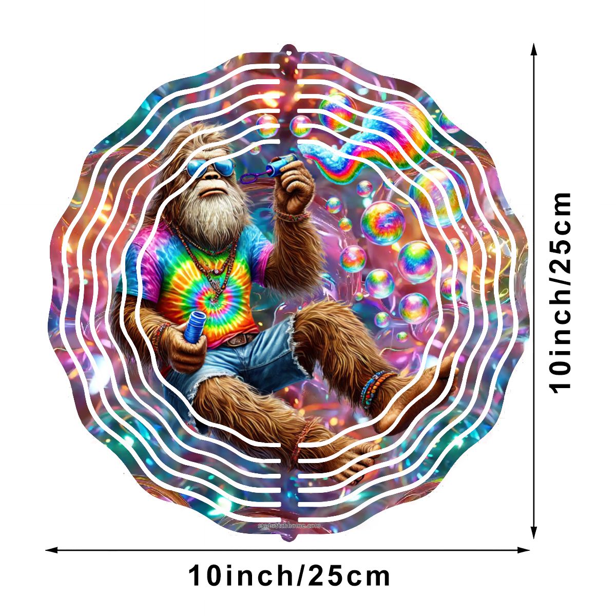Hippie Sasquatch Blow Bubbles, US Made Hanging Metal 3D Wind Spinner, Ornament