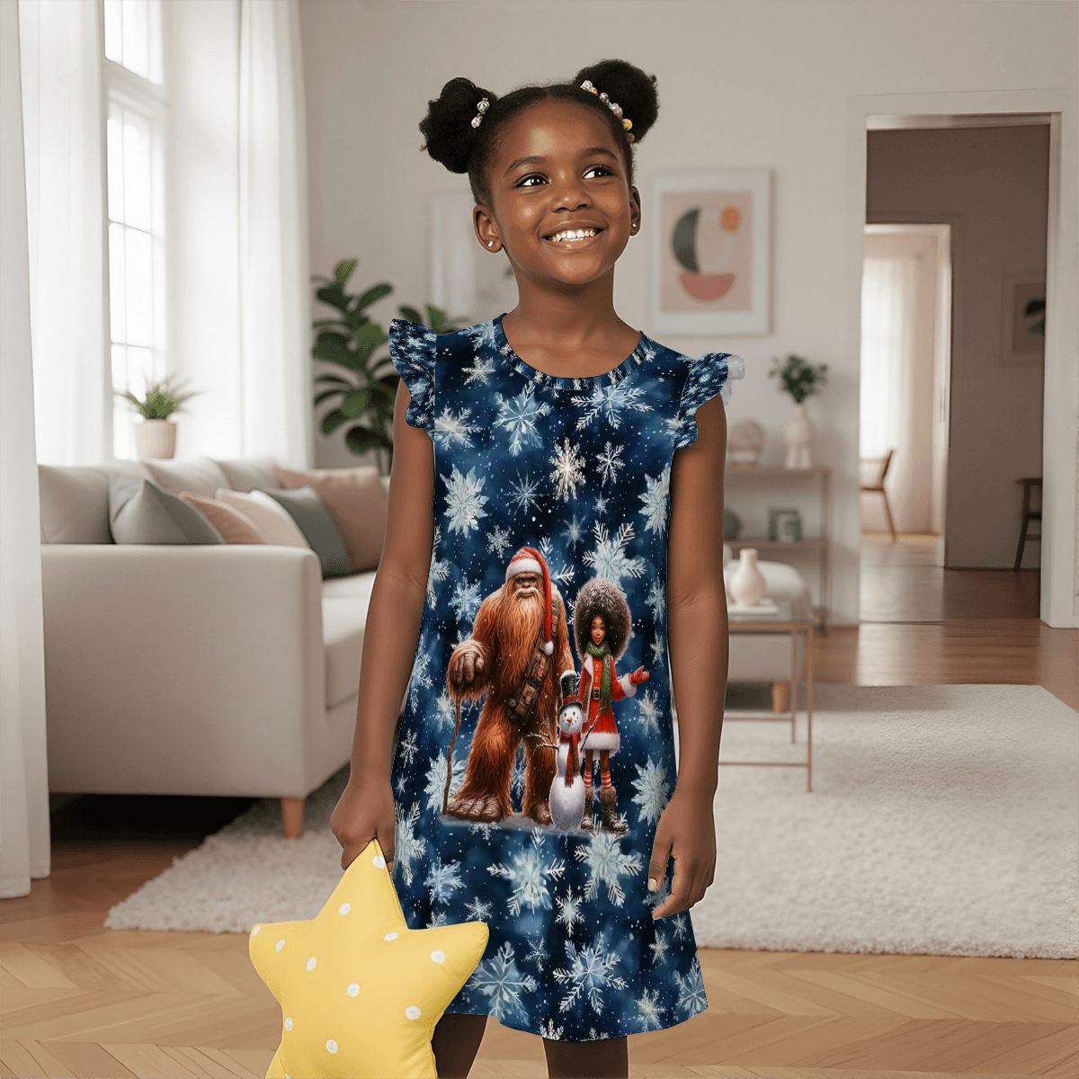 Sasquatch Santa & Girl, Girl's Flutter Sleeve Nightgown