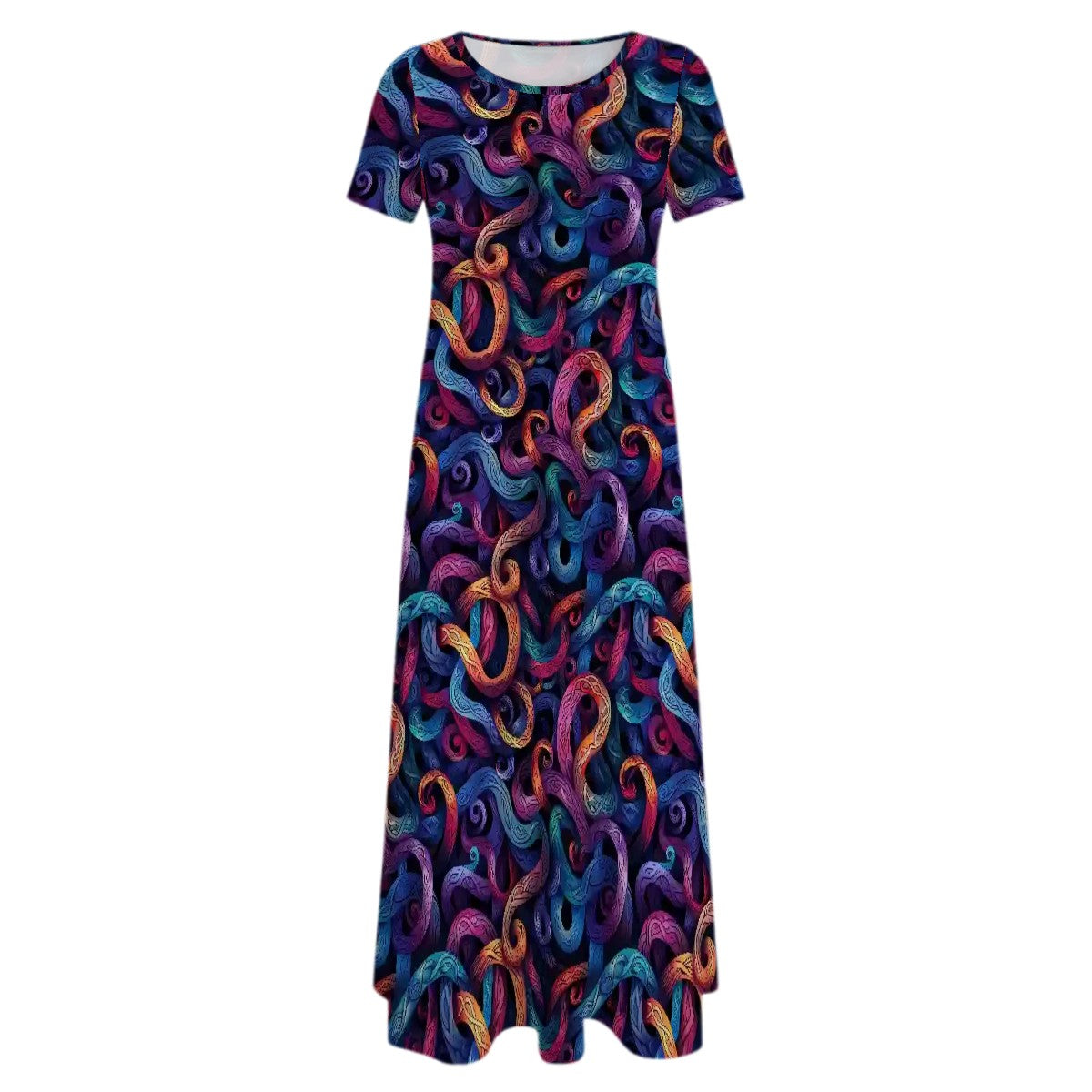 Colorful Design Crew Neck Short Sleeve Maxi Dress