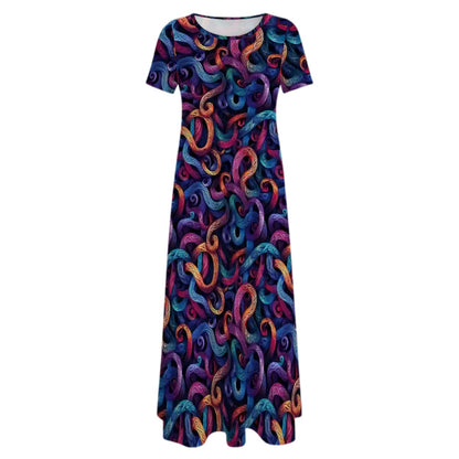 Colorful Design Crew Neck Short Sleeve Maxi Dress