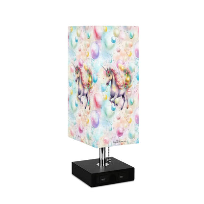 Unicorns & Bubbles, Square Table Lamp with USB Ports, Charger