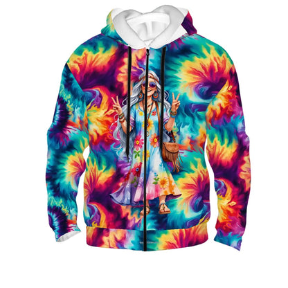 Hippie Lady on Tie Dye, Adult Zip Up Hoodie