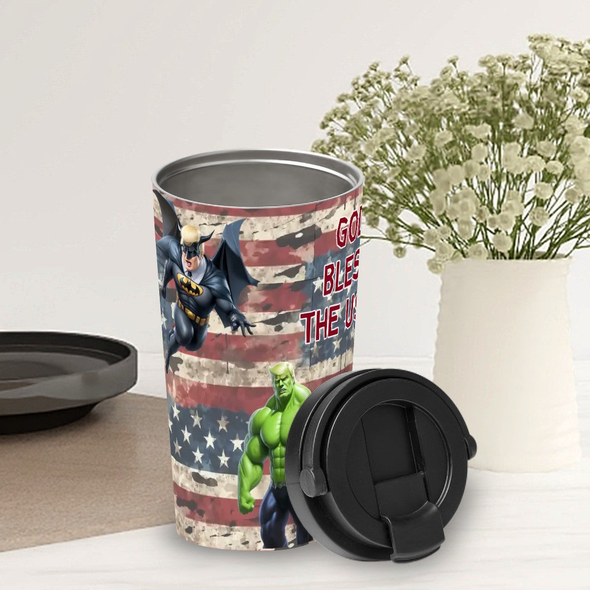 Donald Trump Superhero "God bless..",  17 oz Insulated Coffee Mug with Lid & Carrying Handle