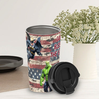 Donald Trump Superhero "God bless..",  17 oz Insulated Coffee Mug with Lid & Carrying Handle