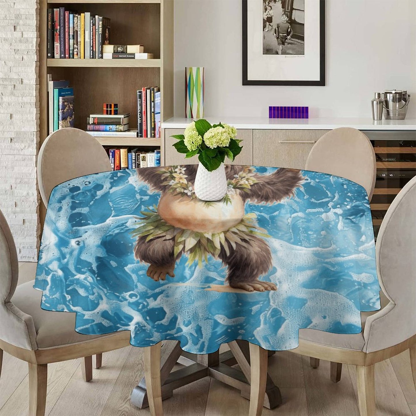 Sasquatch Hula On the Beach Round Tablecloth on Round Table