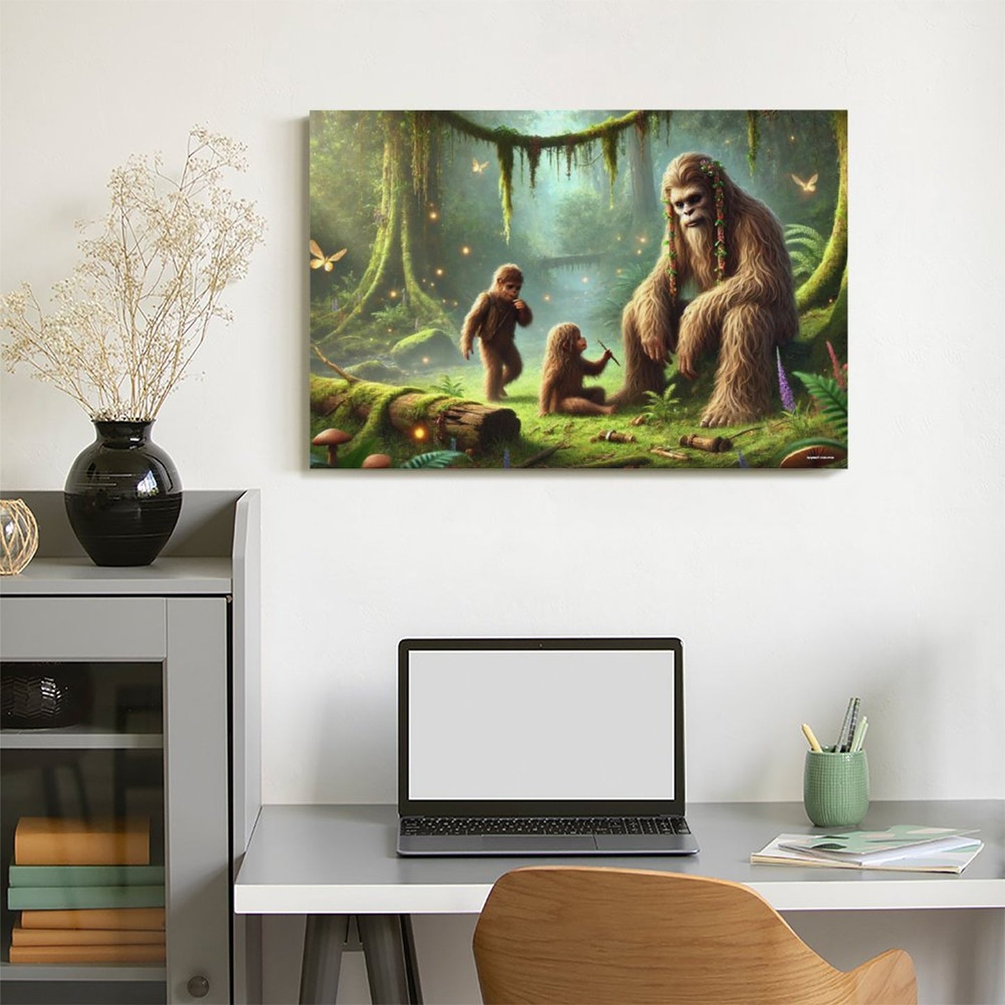 Bigfoot Sasquatch Family Image - Vintage Framed Canvas Art - 2 Sizes – Made in the USA
