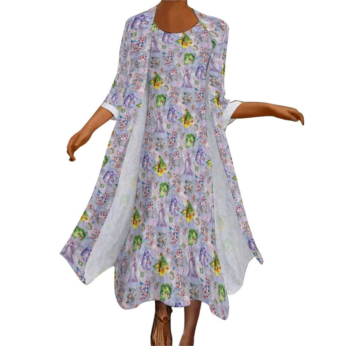 2 Piece Long Dress / Cardigan Set - Fairies