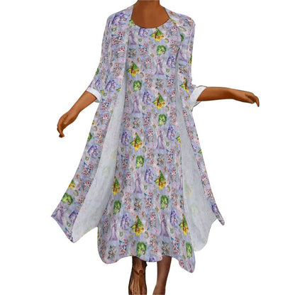 2 Piece Long Dress / Cardigan Set - Fairies