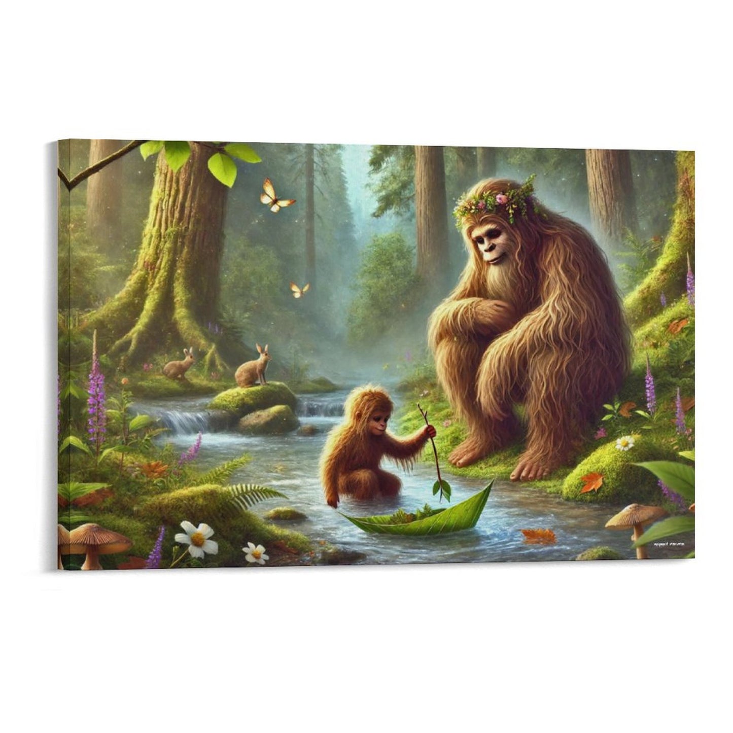 Bigfoot Sasquatch Family Image - Vintage Framed Canvas Art - 2 Sizes – Made in the USA