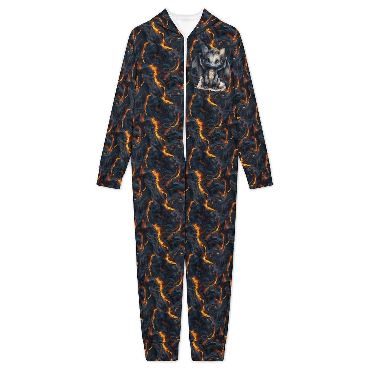 Dragon on Lava, Youth Flannel Footless Zip up Pajama Jumpsuit