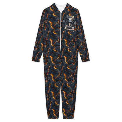 Dragon on Lava, Youth Flannel Footless Zip up Pajama Jumpsuit