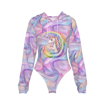 Rainbow Unicorn, Women's Raglan Sleeve Hooded Bodysuit