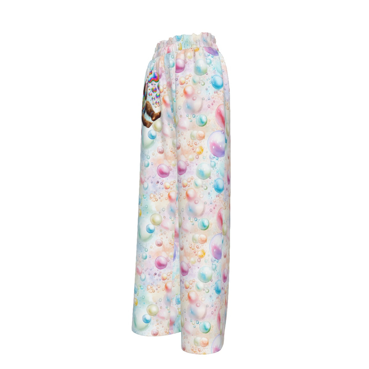 Sasquatch on Bubbles, Blowing bubbles, Women’s Faux Silk Wide-Leg Pants