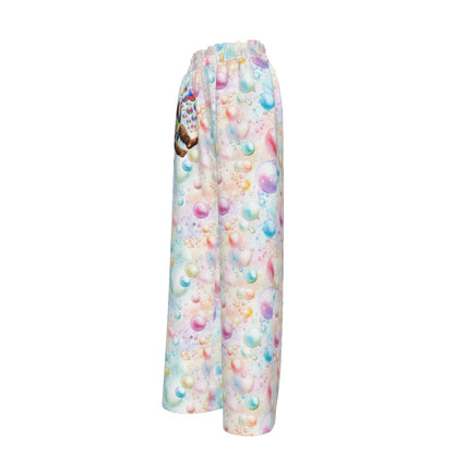 Sasquatch on Bubbles, Blowing bubbles, Women’s Faux Silk Wide-Leg Pants