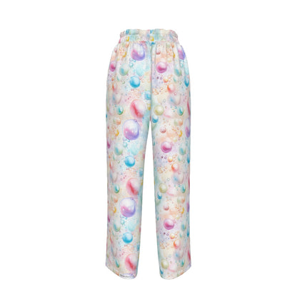 Sasquatch on Bubbles, Blowing bubbles, Women’s Faux Silk Wide-Leg Pants