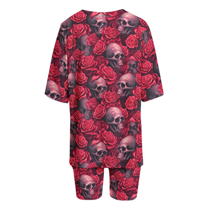 Roses and Skulls, Women’s 2 Piece T Shirt Set With Short Sleeve