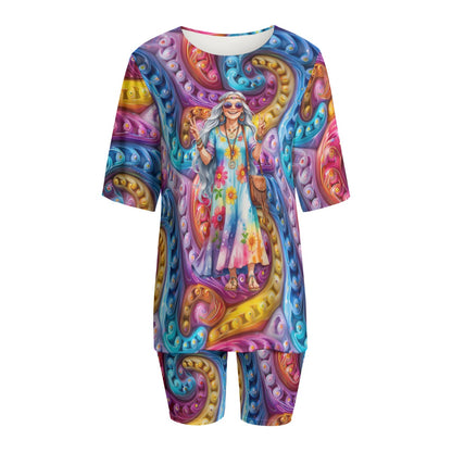 Hippie Lady Psychedelic Colors, Women’s 2 Piece T Shirt Set With Short Sleeve