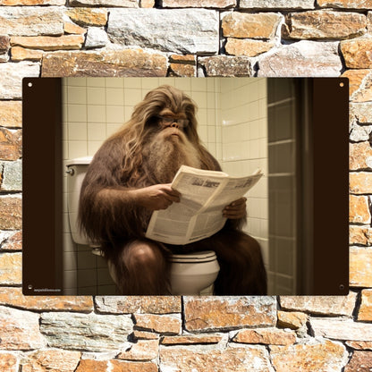 Bigfoot, Sasquatch On Toilet, 8”x12” Metal Hanging Painting / Poster – Made in USA