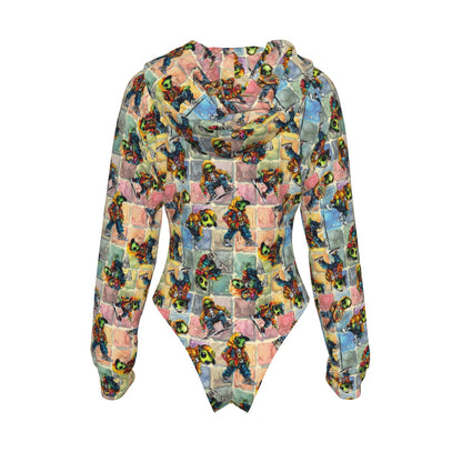 6 Alien Designs, Women's Raglan Sleeve Hooded Bodysuit