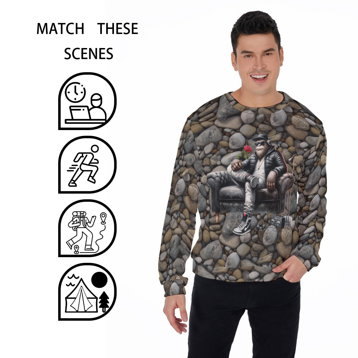 Bigfoot Sasquatch on Couch w Rose, Men’s Polyester Thickened Sweater