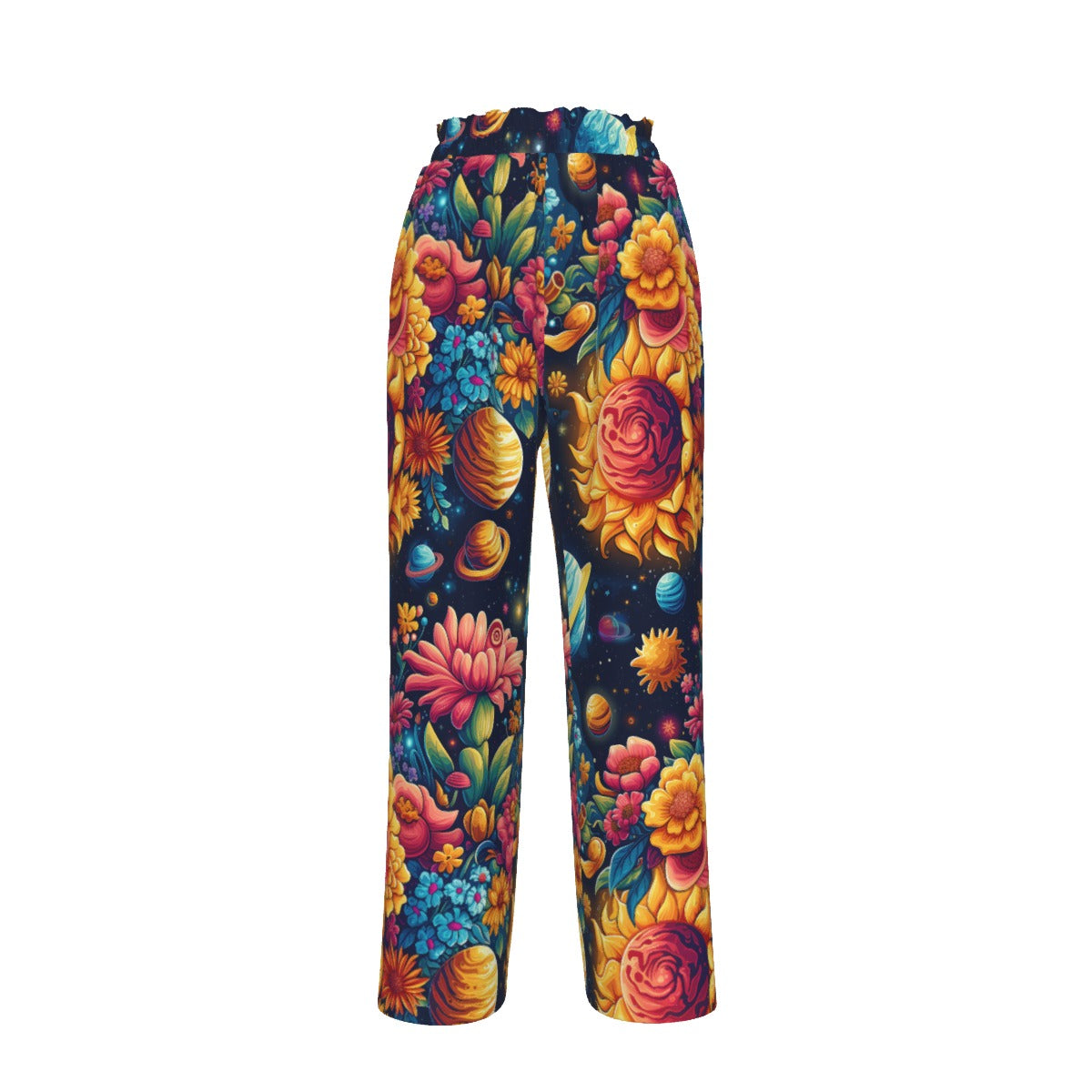 12 Galaxy, Outerspace, Women's Faux Silk Wide-Leg Pants Space Designs