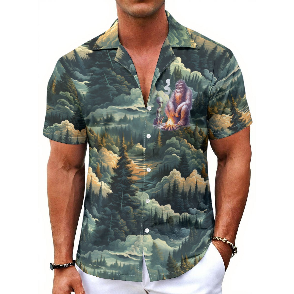 Bigfoot / Sasquatch & Alien, Men's Button Up Hawaiian Shirt
