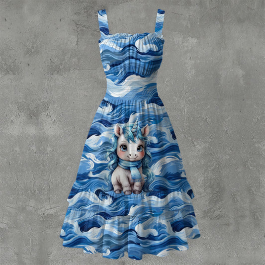 Unicorn on Swirls,  Print Women‘s Ruffle Hem Dress