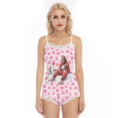 Valentine Bigfoot, Sasquatch, Women’s 2 Piece Lacy Pajamas, PJs, Night Clothes