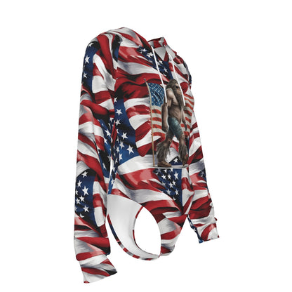 Patriot Bigfoot / Sasquatch, Women's Raglan Sleeve Hooded Bodysuit