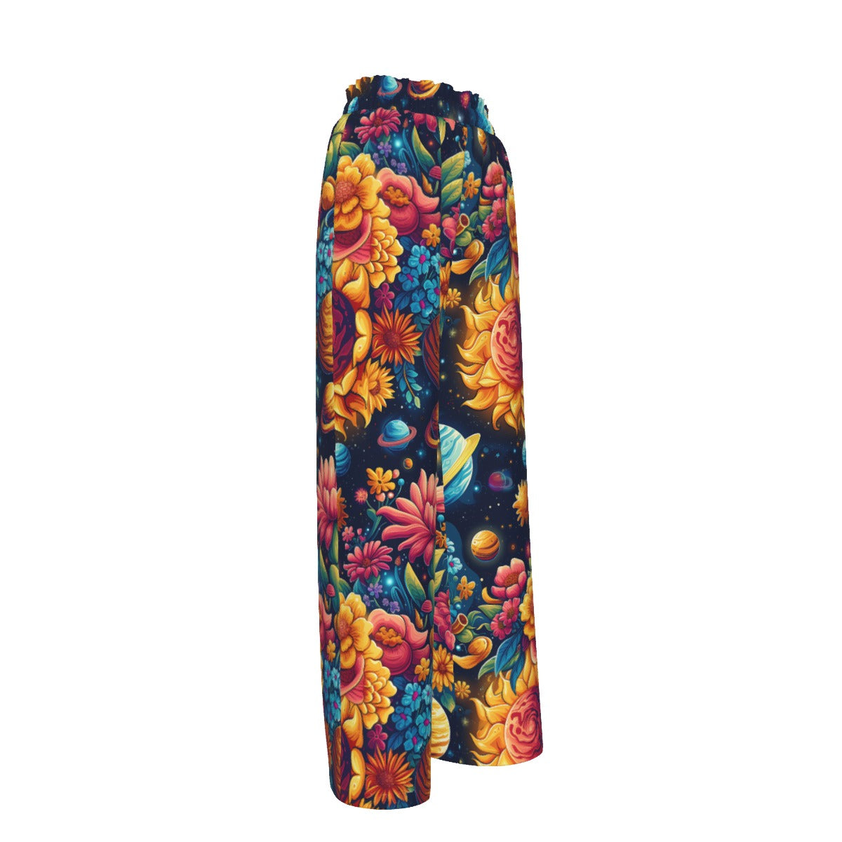 12 Galaxy, Outerspace, Women's Faux Silk Wide-Leg Pants Space Designs