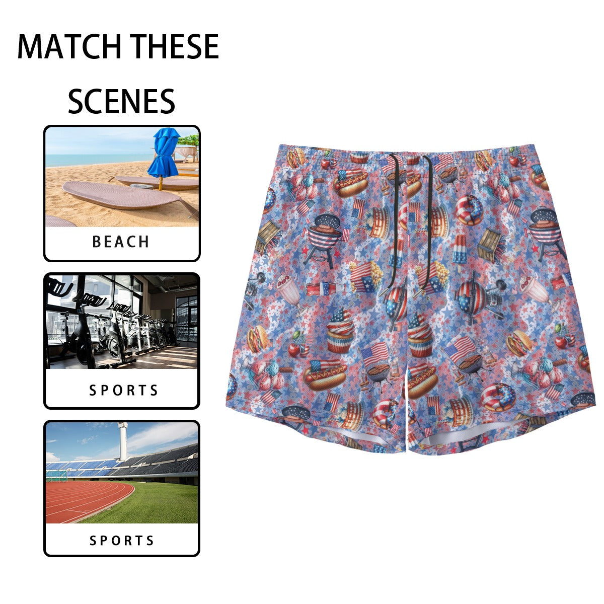 8 Patriotic Designs, Men’s Sports, Pocketed Shorts