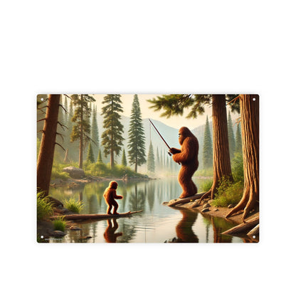 Bigfoot, Sasquatch, Fishing, 8”x12” Metal Hanging Painting / Poster – Made in USA