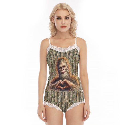 Bigfoot Heart Hands, Women’s 2 Piece Lacy Pajamas, PJs, Night Clothes