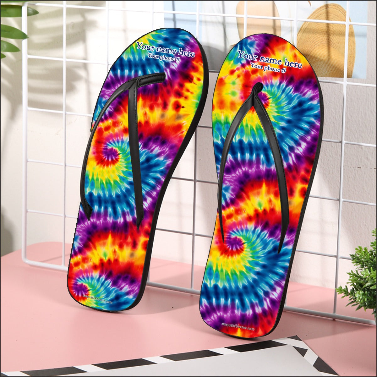 16 Tie Dye Designs, Women’s Flip Flops – Personalize with Your Name
