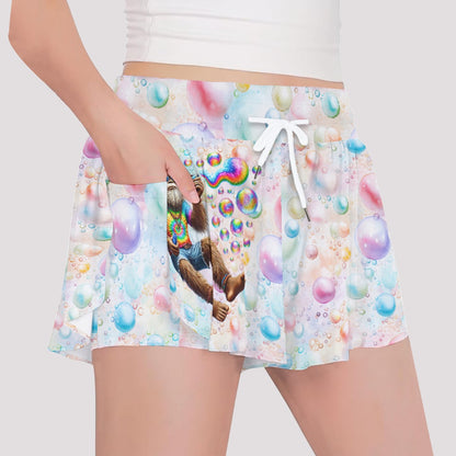 Bigfoot / Sasquatch Blowing Bubbles, Girls Sports Culottes, Butterfly Shorts w/ Pocket